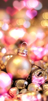 Golden Christmas ornaments with festive bokeh background.