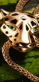 Elegant gold panther chain on lush green background.