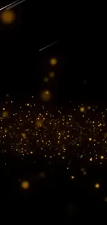 Gold particles shimmer on a sleek black background, creating an elegant mobile wallpaper.