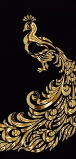 Luxurious gold peacock design on a black background for mobile wallpaper.