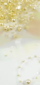 Elegant wallpaper with gold pearls and shimmering effects on white background.