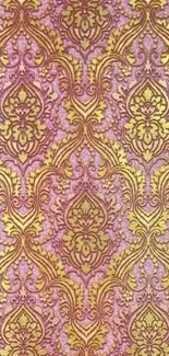 Elegant gold and purple damask wallpaper with intricate design.