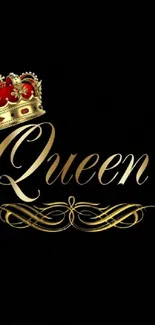 Gold Queen text with crown on black wallpaper.