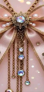 Elegant gold ribbon with jewels and pearls on pink background.
