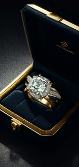 Luxurious gold ring in a black velvet box with a diamond centerpiece.