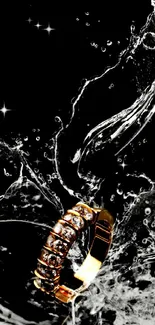 Gold ring with water splash on black background wallpaper.