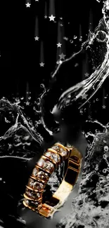 Gold ring with splashes on black background, perfect for luxury lovers.