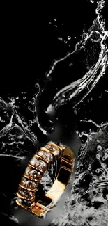 Elegant gold ring with water splash on black background.