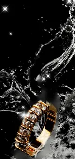 Gold ring with water splash on black background.