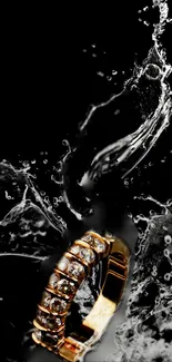 Gold ring with water splash on black background.