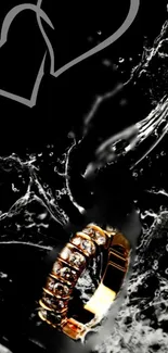 Elegant gold ring with water splash on black background.