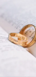 Gold rings form a heart shadow on an open book page.
