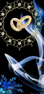 Mobile wallpaper with gold rings, blue floral, and smoke on black background.