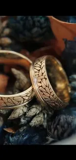 Close-up of gold rings with intricate designs against a textured background.