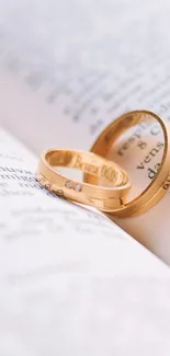 Two gold rings resting on an open book in soft lighting.