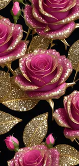 Gold-accented pink roses on dark wallpaper