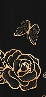 Gold rose and butterfly on black wallpaper.