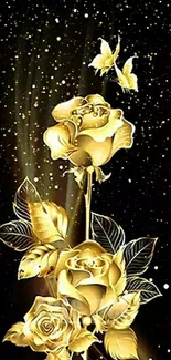 Elegant gold roses with butterfly on black background wallpaper.