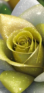 Elegant gold and crystal rose with lush golden leaves and detailed petals.