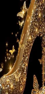 Gold high heel with butterflies sparkles luxuriously on black background.