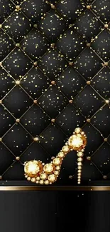 Black wallpaper with gold high-heeled shoe design and diamond accents.