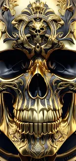 Intricate gold skull art on dark background mobile wallpaper.