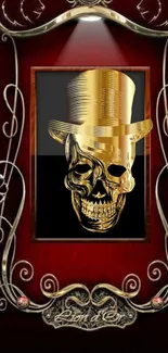 Gold skull with top hat on ornate dark red background.