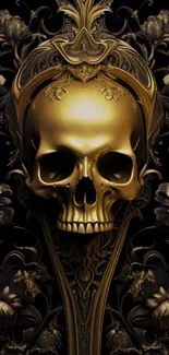 Golden skull with intricate floral patterns on a dark background.