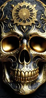 Intricately designed gold skull on dark background wallpaper.