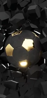 Black and gold soccer ball amidst geometric blocks.