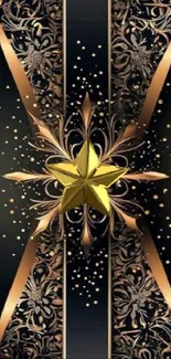 Elegant gold star on black patterned background.
