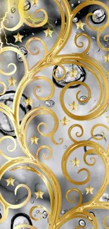 Elegant gold swirls with stars and bubbles.