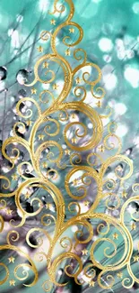 Elegant gold swirls on turquoise background wallpaper.