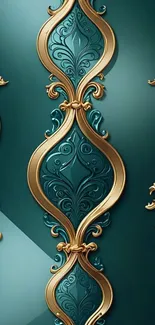 Gold and teal ornate pattern wallpaper.