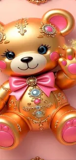 Luxurious golden teddy bear with pink accents on a mobile wallpaper.