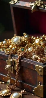 A treasure chest filled with gold jewelry and ornaments.