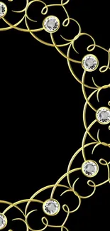 Elegant gold wire design with gemstones on black background.