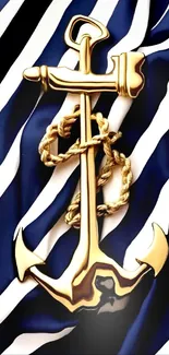 Golden anchor on blue striped background wallpaper.