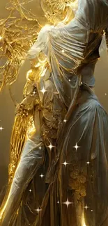 Elegant gold angelic figure wallpaper, featuring flowing golden robes.