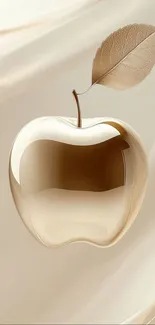 Golden apple with a leaf on a beige background.