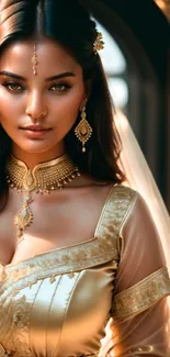 Woman in golden attire, exuding elegance and style.