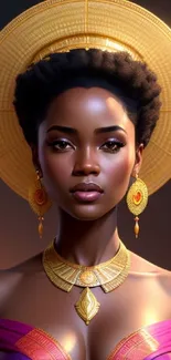 Elegant woman with golden jewelry in portrait.