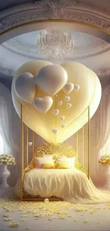 Elegant bedroom with golden heart balloons and romantic decor.