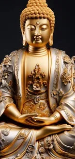 Golden Buddha statue with intricate floral design on dark background.