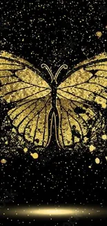 Golden butterfly on black background with artistic splashes.