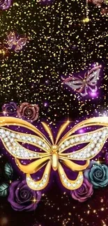 Golden butterfly with jeweled design and vibrant floral background.