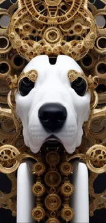 Golden mechanical canine head art on black background.