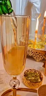 A golden champagne flute being filled, surrounded by elegant décor.