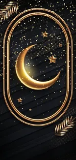 Golden crescent and stars on black wallpaper.