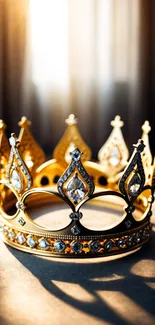 A golden crown with jewels on a blurred background.